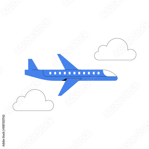 Airplane In Flight Among Clouds, Flat Vector Illustration Symbolizing Air Travel And Transportation, Isolated On White Background.