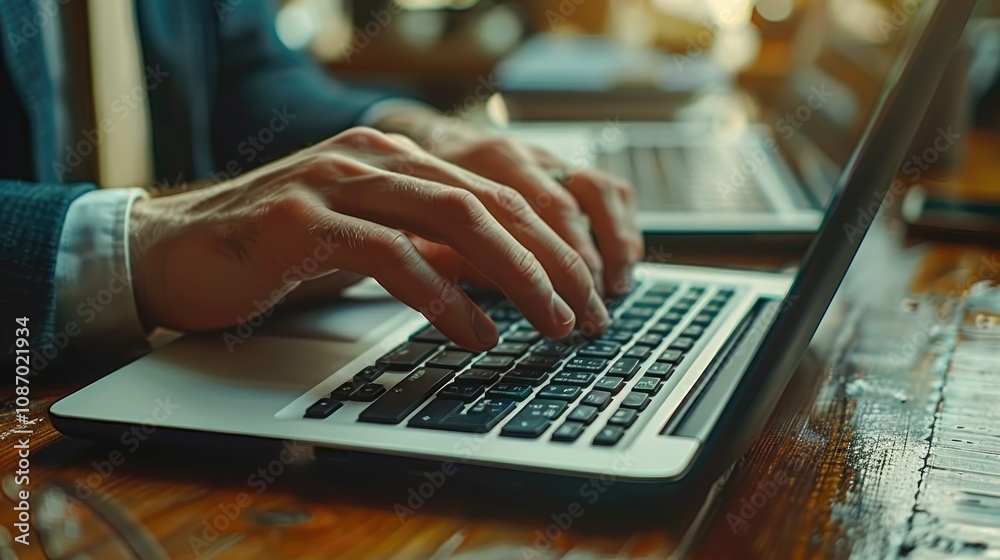 Closeup of businessman's hands typing on laptop keyboard.