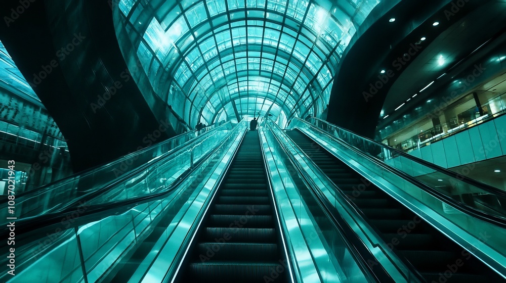Fototapeta premium A person walks up an escalator in a modern, sleek building with a glass ceiling.