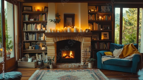 A cozy living room featuring a fireplace, bookshelves filled with books, candles, and a comfortable couch, creating a warm and inviting atmosphere.