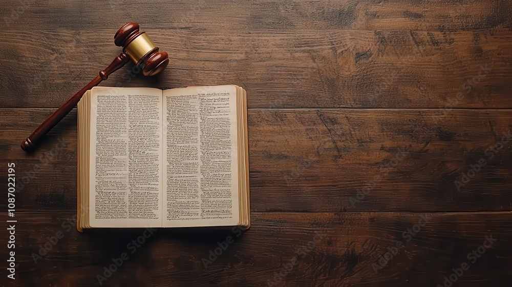 Flat lay of an open constitution book with a judges gavel placed on top, symbolizing law and justice.