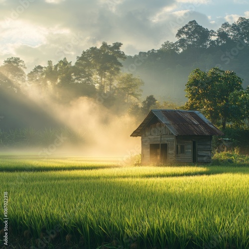 Rustic Wooden Hut Surrounded by Green Rice Fields