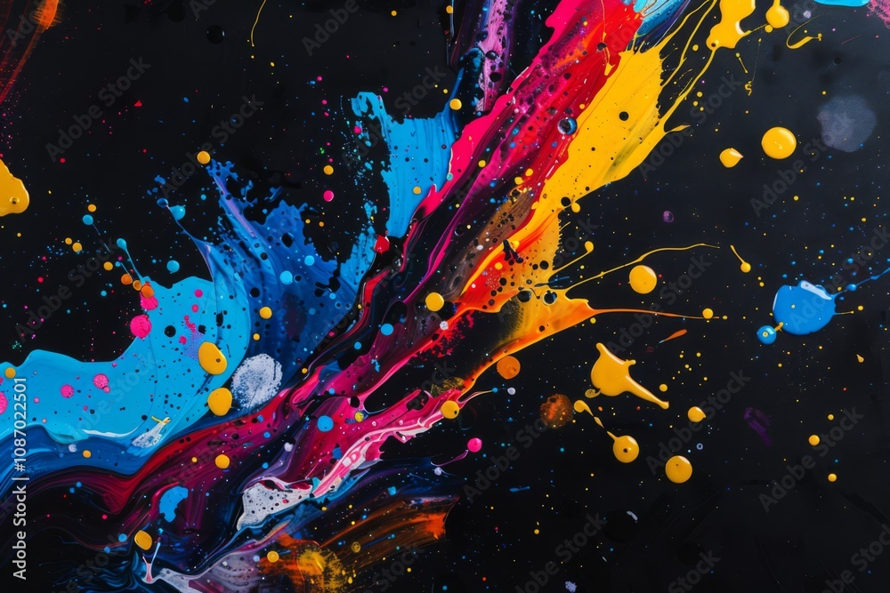 Vibrant Abstract Art with Bold Colors and Dynamic Splashes on Black Background, Displaying a Fusion of Turquoise, Pink, Yellow, and Blue Paints Vibrant Abstract Art with Bold Colors and Dynamic Splashes on Black Background, Displaying a Fusion of Turquoise, Pink, Yellow, and Blue Paints