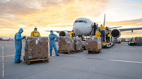 Cargo handling crew in protective equipment working efficiently to load an airplane under warm sunset lighting maintaining safety protocols during airport