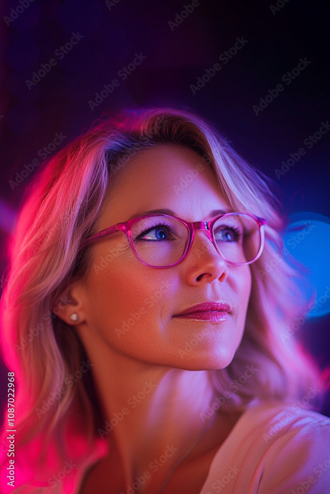 confident middle-aged woman under neon lights, embodying individuality and an active lifestyle. This modern, expressive portrait captures the energy and positivity of urban life and self-expression. confident middle-aged woman under neon lights, embodying individuality and an active lifestyle. This modern, expressive portrait captures the energy and positivity of urban life and self-expression.