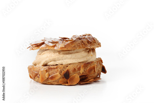 Paris Brest cake on a white background