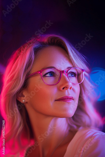 confident middle-aged woman under neon lights, embodying individuality and an active lifestyle. This modern, expressive portrait captures the energy and positivity of urban life and self-expression.