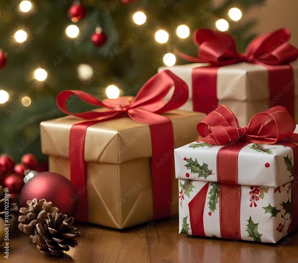 holiday decorations with wrapped gifts, candles, and pinecones arranged near a Christmas tree holiday decorations with wrapped gifts, candles, and pinecones arranged near a Christmas tree