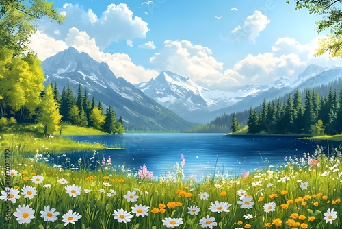 vector background of forest, jungle with waterfall for nature cover for banner, poster  illustration, nature, vector, background, hill, sky, mountain, tree, environment, horizon, summer, blue, forest