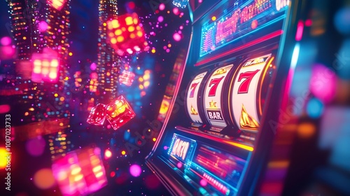 Abstract casino slot machine background. Colourful online casino banner 777 big winning symbol of gold jackpot, casino bar celebration light graphic.