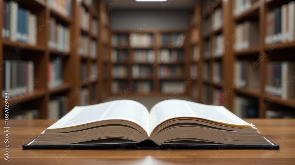 An open book lies on the table in the library. An open book lies on the table in the library.