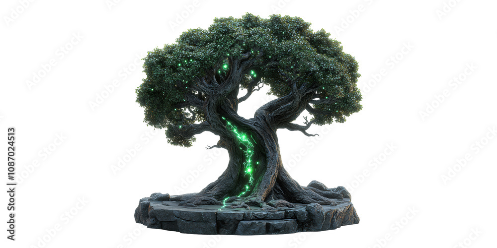 Fototapeta premium Green Bonsai Tree with Artificial Base Isolated on Transparent Background