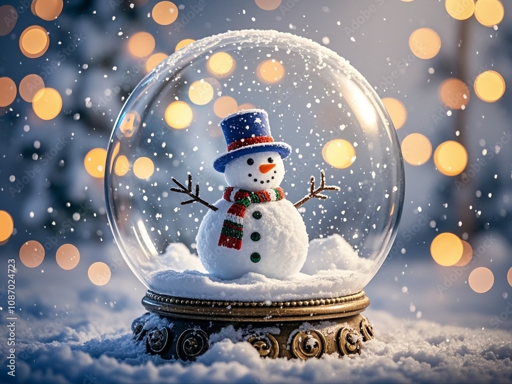 a snowman is depicted in a glass Christmas globe, with blurred lights