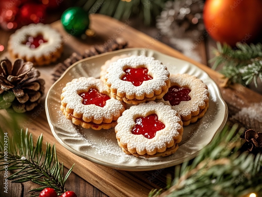 Closeup of homemade Linzer Christmas cookies filled with strawberry marmalade and dusted with sugar