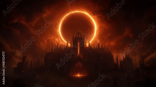 Castle of Thorn Under Blood Red Eclipse, a captivating digital artwork depicting a majestic castle silhouetted against a vibrant dark red sky during a solar eclipse, evocative and enchanting.