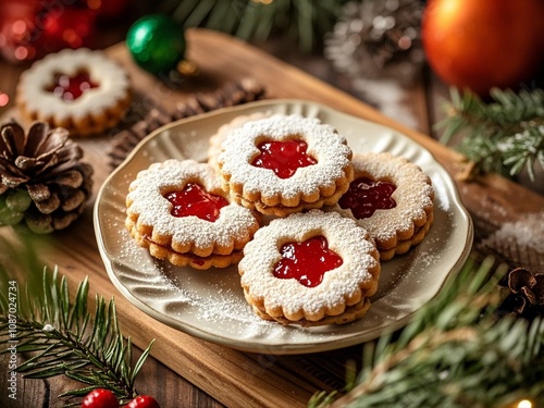 Closeup of homemade Linzer Christmas cookies filled with strawberry marmalade and dusted with sugar
