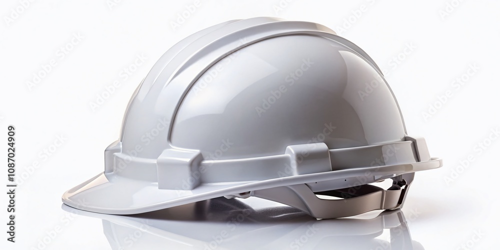 Fototapeta premium Front View of a New White Safety Helmet Isolated on a White Background for Construction and Industrial Use, Perfect for Safety Equipment and Personal Protective Gear Marketing