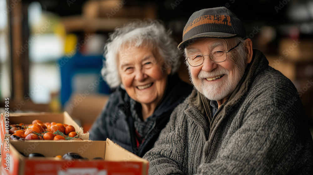 Elderly couple smiling together at a market stall surrounded by fresh produce in a cozy, inviting atmosphere during the day. Generative AI Elderly couple smiling together at a market stall surrounded by fresh produce in a cozy, inviting atmosphere during the day. Generative AI
