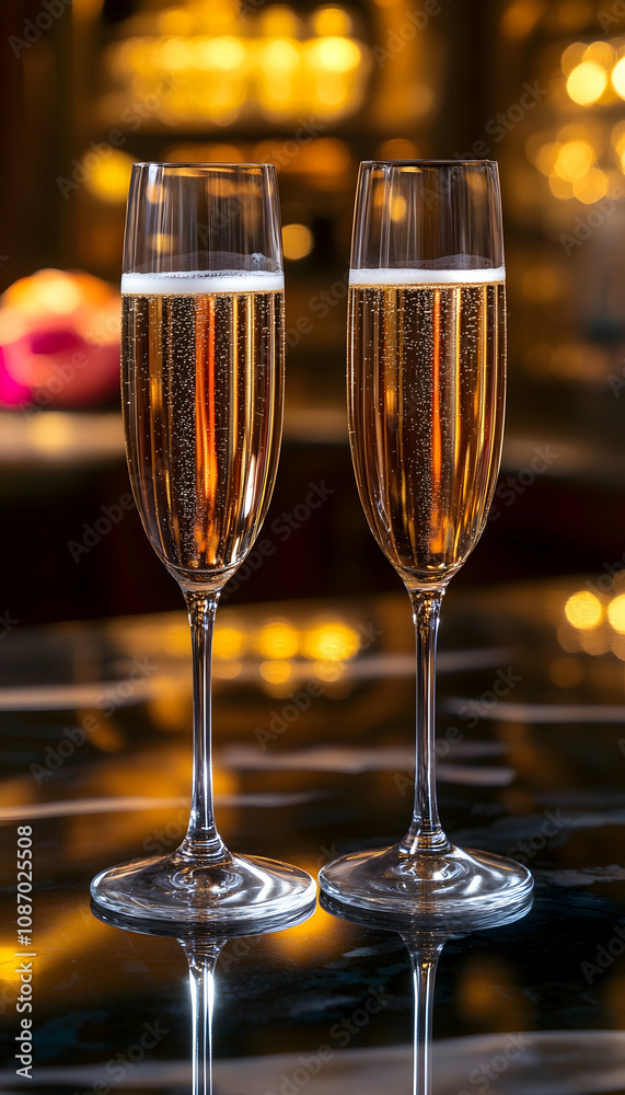 Two champagne flutes on bar, golden bokeh. Two champagne flutes on bar, golden bokeh.