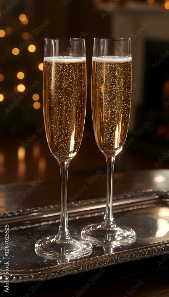Two champagne flutes on silver tray, festive lights. Two champagne flutes on silver tray, festive lights.