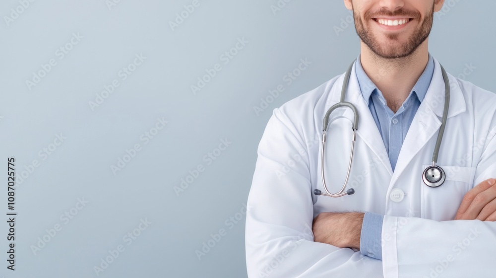 Confident physician in professional attire, smiling warmly against a smooth grey backdrop, embodying approachability and expertise in a minimalist setting. Confident physician in professional attire, smiling warmly against a smooth grey backdrop, embodying approachability and expertise in a minimalist setting.