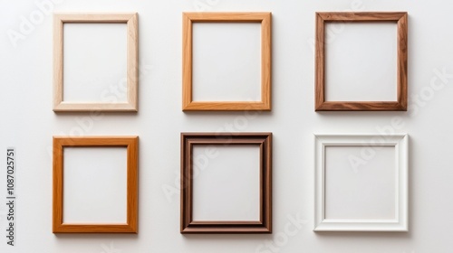 Six wooden frames on a clean white wall, elegantly arranged for a mockup display, showcasing potential artwork, inviting creativity and personal touch in any space.