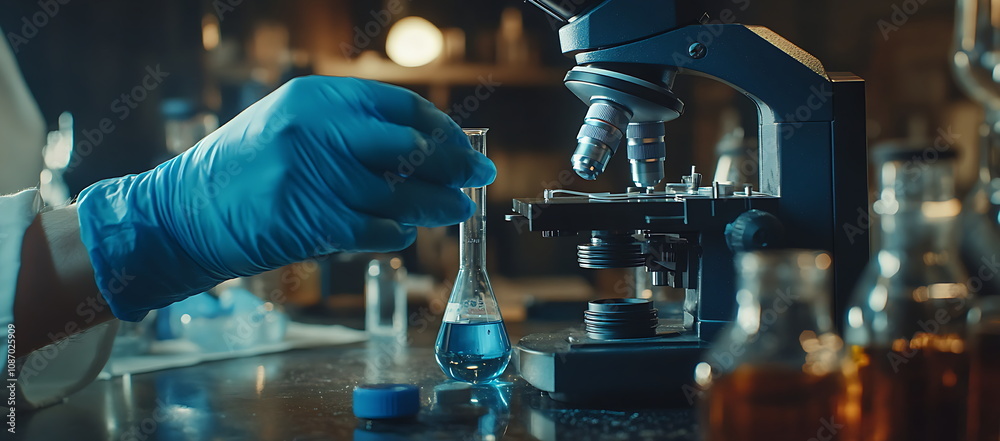 A scientist in blue gloves is holding a test A scientist in blue gloves is holding a test