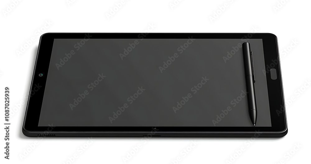A black tablet with a pen on a white background A black tablet with a pen on a white background