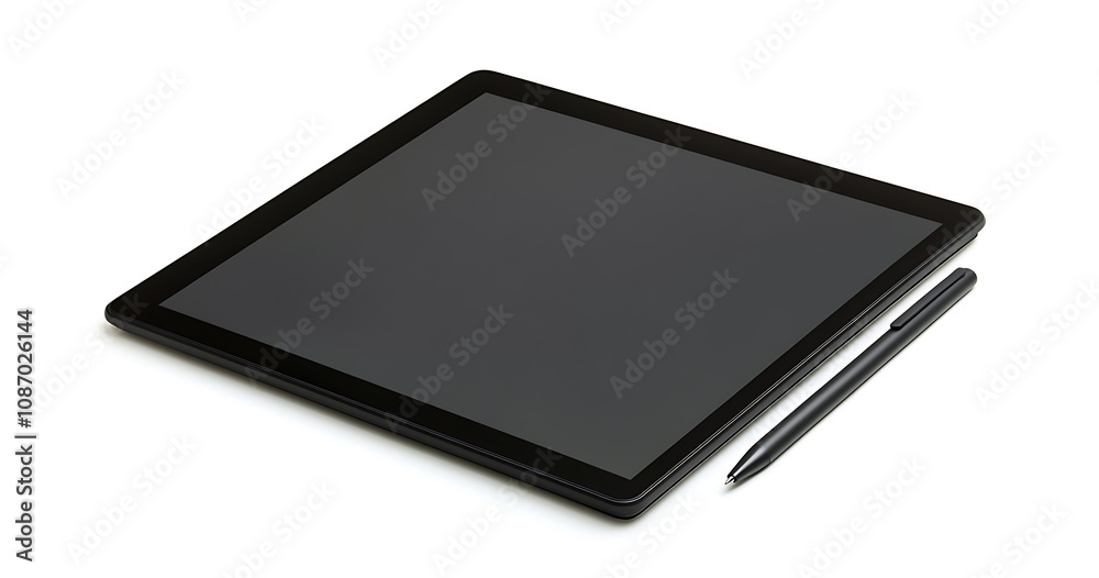 A black tablet with a pen on a white background A black tablet with a pen on a white background