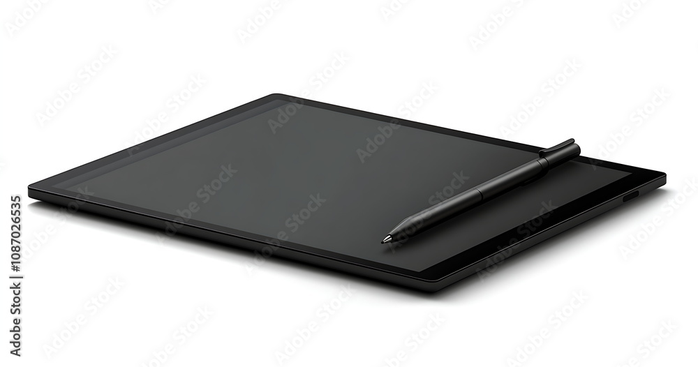 A black tablet with a pen on a white background A black tablet with a pen on a white background