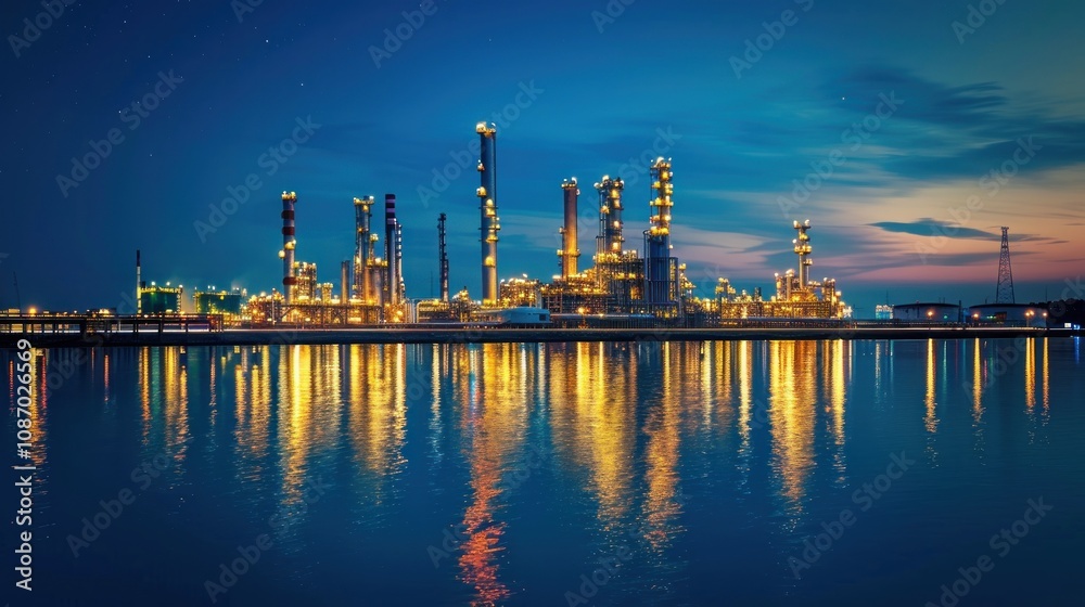 Oil refinery or petrochemical plant by river at twilight with reflections in water. Industrial landscape of fossil fuel energy production. Oil refinery or petrochemical plant by river at twilight with reflections in water. Industrial landscape of fossil fuel energy production.