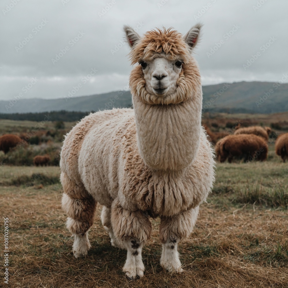 Obraz premium A fluffy alpaca standing calmly in a field, white backdrop.