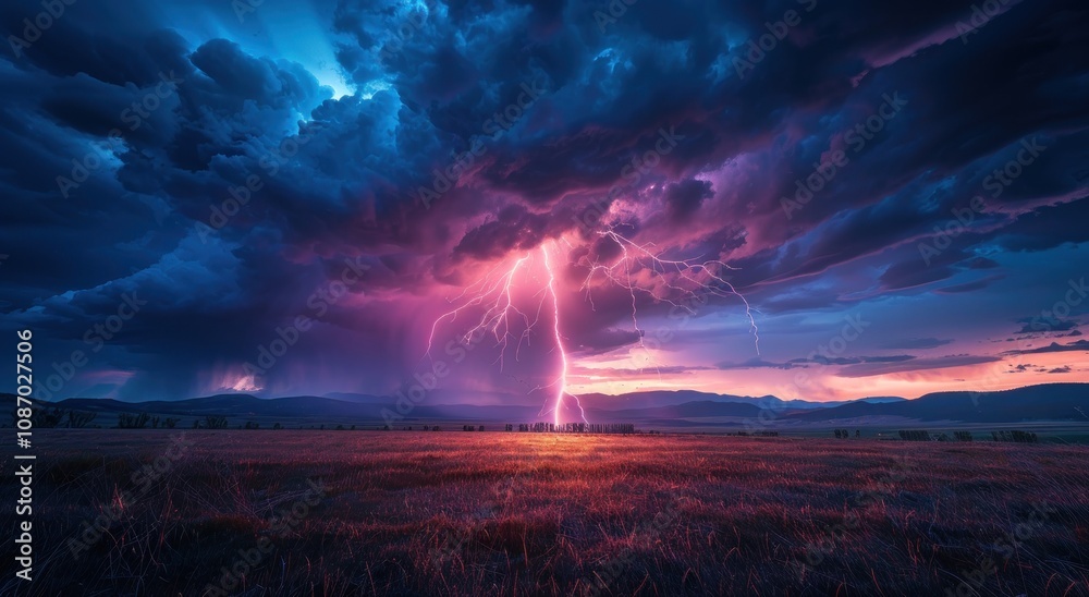 Dramatic lightning storm over a field at sunset. Concepts of nature's power, weather, electricity, and climate change. Dramatic lightning storm over a field at sunset. Concepts of nature's power, weather, electricity, and climate change.