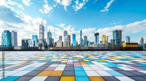 Empty square floor with city skyline background, City skyline with bustling cultural marketplace, vibrant urban scene photo