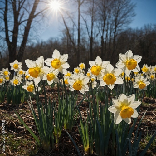 Sunlit daffodils under a clear blue sky on a crisp spring morning.