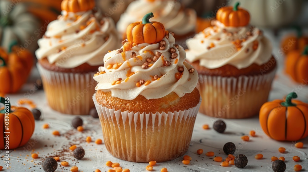 Delicious pumpkin cupcakes with orange sprinkles and mini pumpkins.