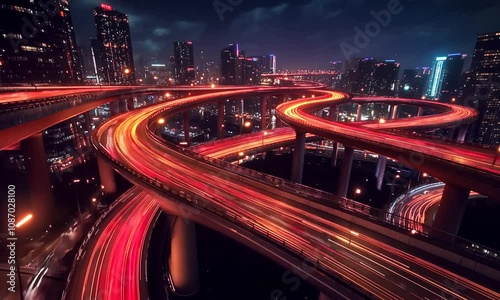 Nighttime urban highway interchange with vibrant red light trails from moving vehicles.