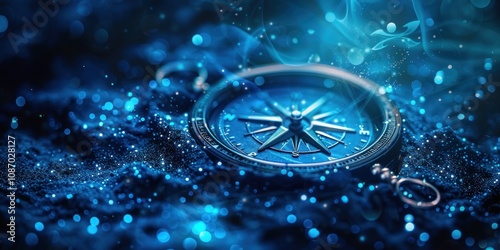 Antique compass surrounded by water splashes and glittering blue lights. Concept of navigation, direction, exploration, and adventure.