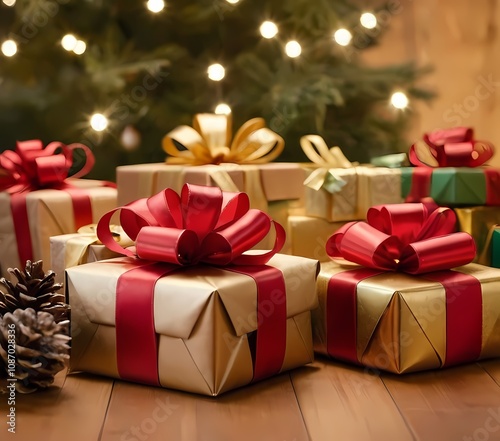 holiday decorations with wrapped gifts, candles, and pinecones arranged near a Christmas tree