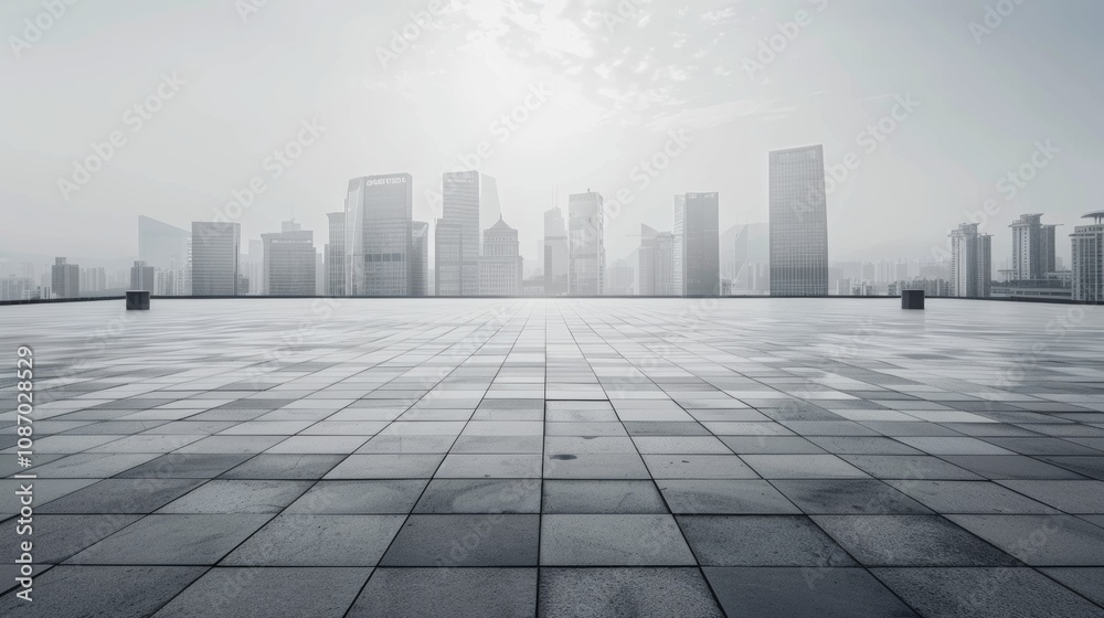 Empty square floor with city skyline background, City skyline with vibrant art district, artistic urban scene Empty square floor with city skyline background, City skyline with vibrant art district, artistic urban scene