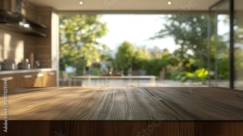 beautiful brown Empty wood table top kitchen interior background and blurred defocused with daylight flare bokeh.