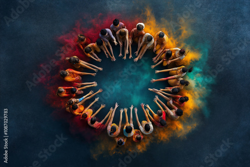 A circle of people, their arms reaching towards each other in the center, forming an intricate pattern with colorful powder explosion. Teamwork and Unity through people.