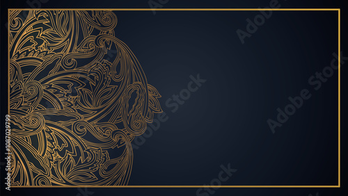 Golden Mandala on Black Background with Gold Frame Vector Illustration