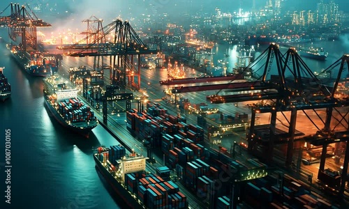 Night View of a Busy Container Port: Global Trade and Logistics photo