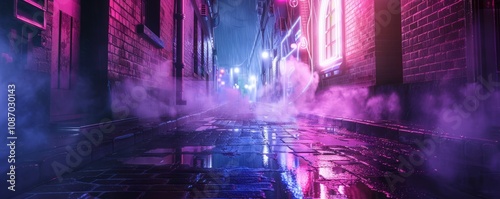Neon-lit alley with rain-soaked pavement and steam rising, 4K illustration.