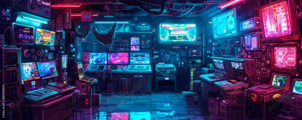 Cyberpunk market with neon-lit stalls and futuristic items, 4K illustration. Cyberpunk market with neon-lit stalls and futuristic items, 4K illustration.