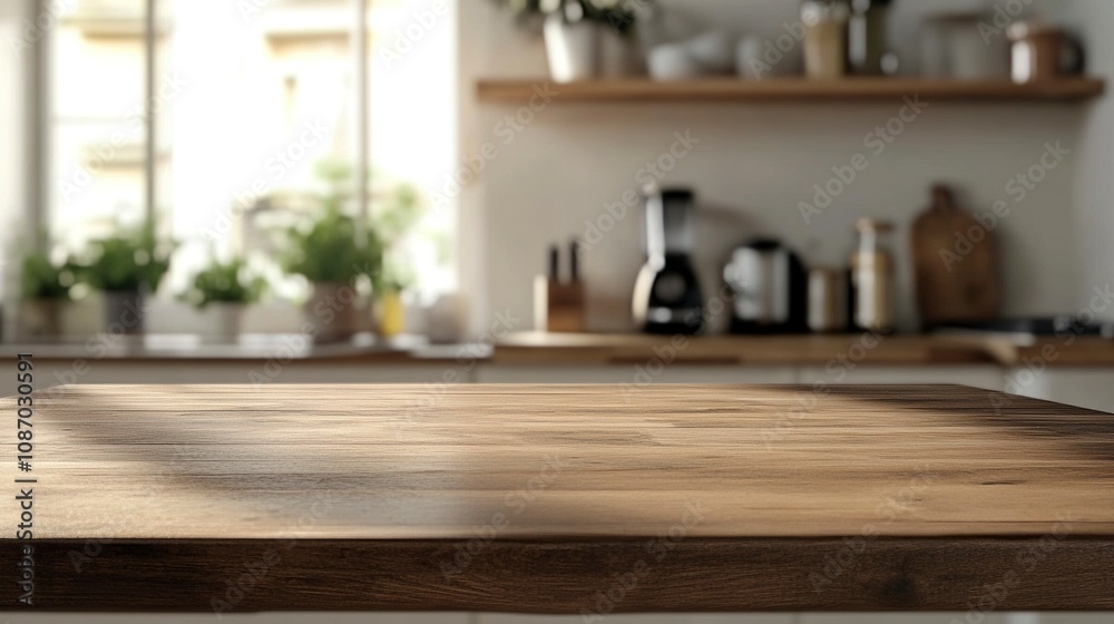 beautiful brown Empty wood table top kitchen interior background and blurred defocused with daylight flare bokeh. beautiful brown Empty wood table top kitchen interior background and blurred defocused with daylight flare bokeh.