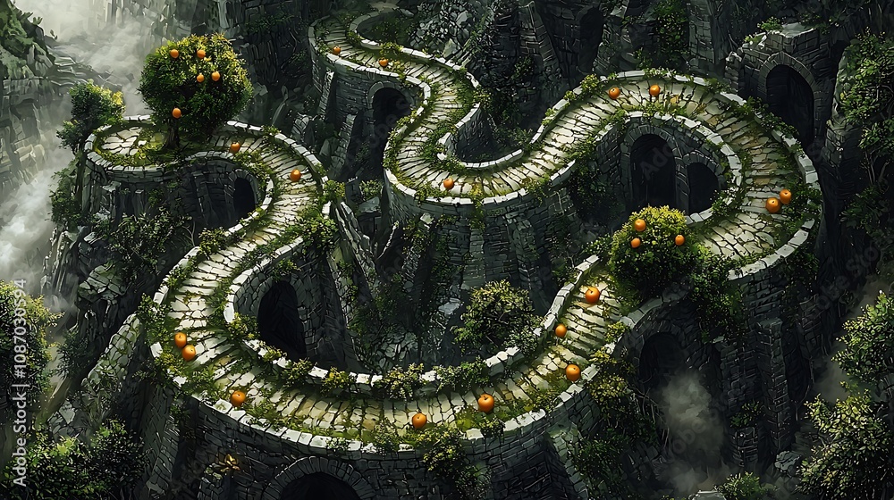 Fototapeta premium Winding Stone Pathway Through Misty Mountains with Orange Trees - Fantasy Landscape. 