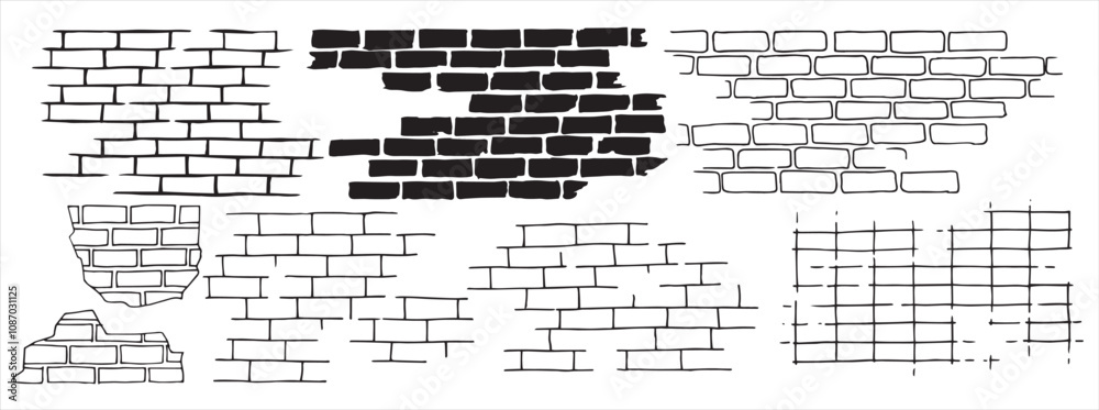 set of brick and stone wall textures, linear drawing in doodle style.