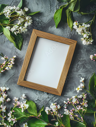 horizontal photo frame mockup, on the table with spring flowers